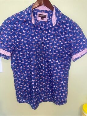 Johnston & Murphy Navy Short-Sleeve Flamingo Print Shirt